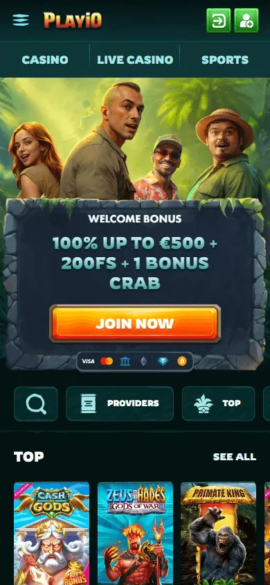 Playio Casino mobile home interface